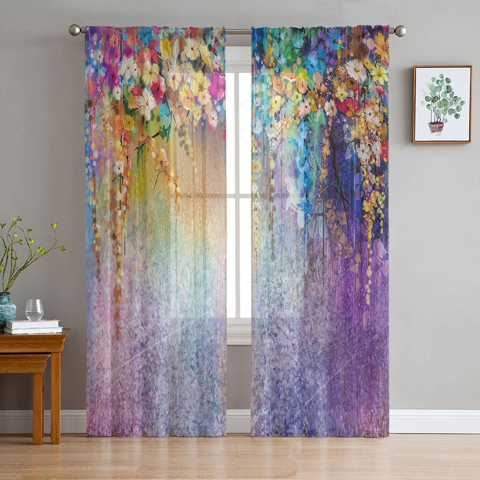 

Spring Vine Flowers Shrub Blue Purple Chiffon Sheer Curtains for Living Room Bedroom Decor Window Voile Tulle Curtain Drapes