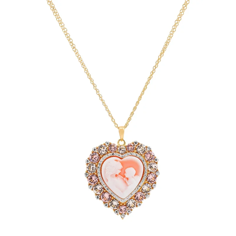 

Brilliance Fine Jewelry Peach Crystal Sterling Silver and 18K Gold-Plated Heart Cameo Pendant, 18" Necklace