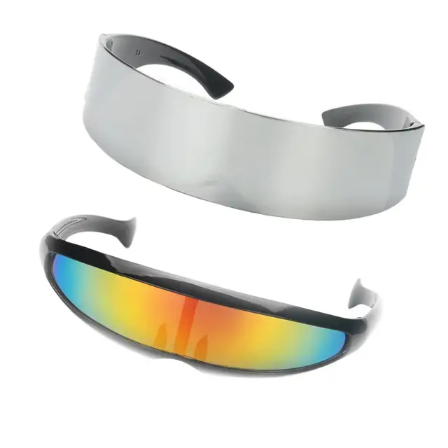 2 Pieces Fashion Narrow Blue Metallic Silver Outer Space Robot Alien Eyeglasses Shade Eyewear     Soldier Sunglasses 1