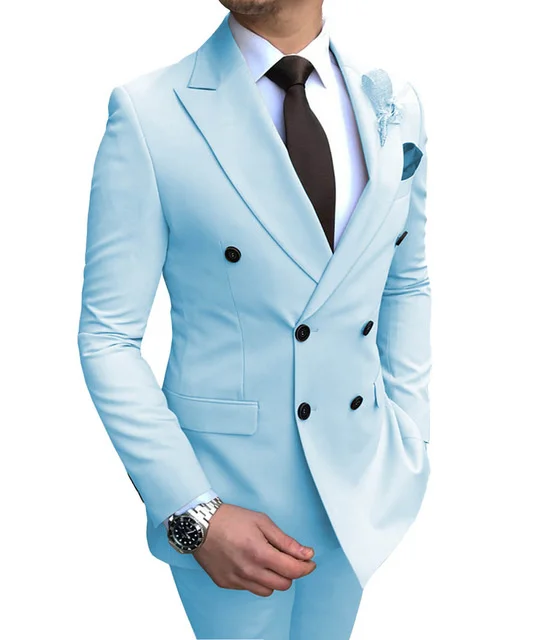 

Latest Coat Pant Design Summer Light Blue Men's Formal Suits Double Breasted Party Wedding Peaked Lapel Tuxedos (Jacket+Pants)