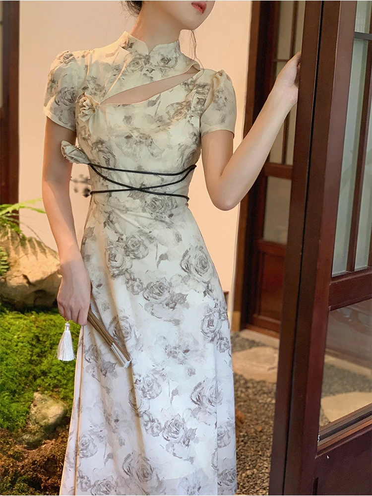 

Vintage Elegant Cheongsam Dress Women Irregular Floral Party Fairy Midi Dress Female 2022 Luxury Evening Court Retro Long Dress