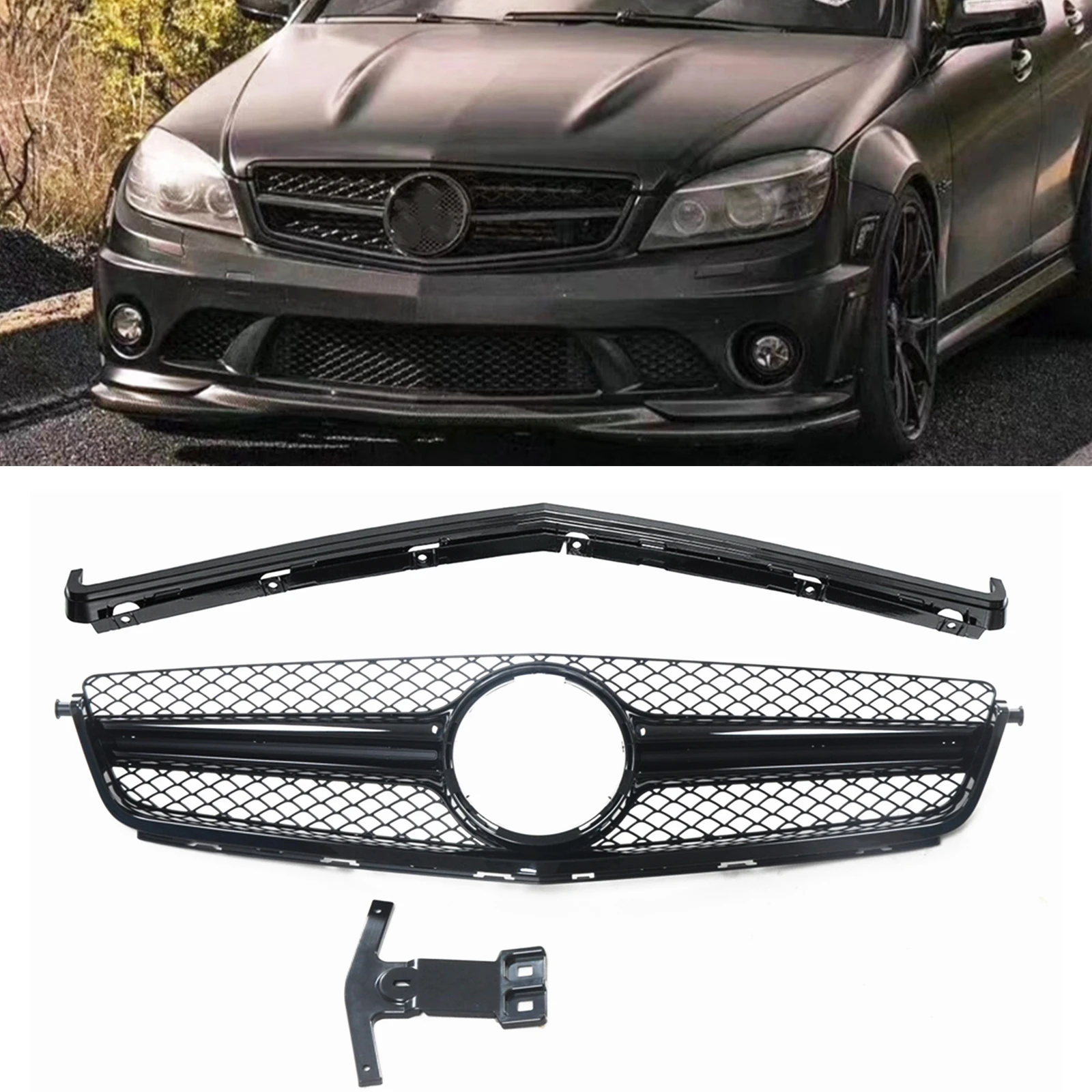 Racing Grills Front Grille For Mercedes-Benz 2008-2011 W204 C-Class C63 AMG Only Black Car Upper Bumper Hood Mesh Body Kit Grid