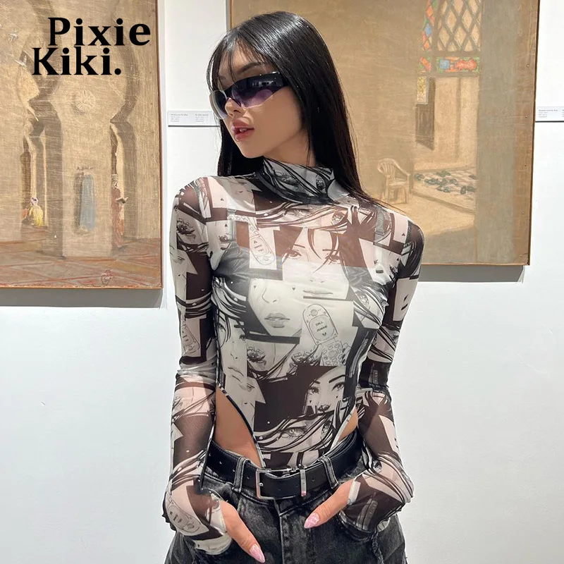 

PixieKiki Y2k See Through Mesh Bodysuit Women Top Long Sleeve Anime Printed Black Graphic Tees Gyaru Harajuku Clothes P67-BF10