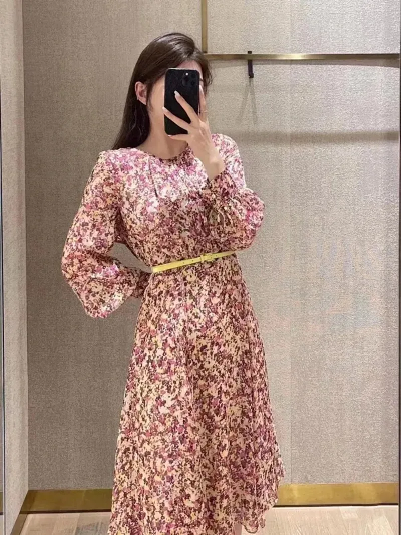 Women Long Sleeve Dress Floral Print Belt Round Neck Pleated Holiday Style Spring Summer Female Robe 2023 Fashion