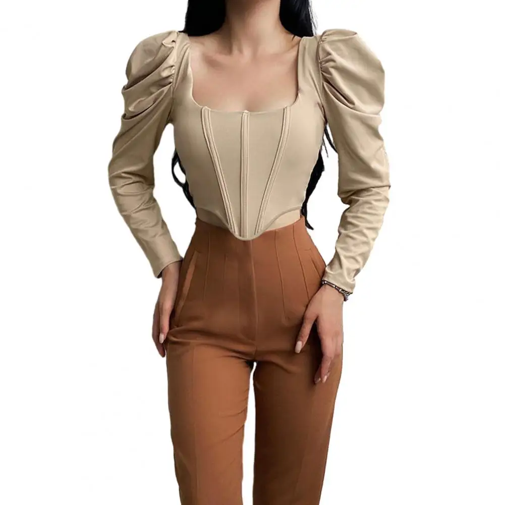 

Crop Top Women Blouse Long Sleeve Solid Color Square Collar Irregular Slim Fit Girdle Bubble Sleeves French Style Women Blouse