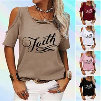 women fashion round neck t shirt letters print off shoulder top summer loose short sleeve tee shirt ladies casual t shirt