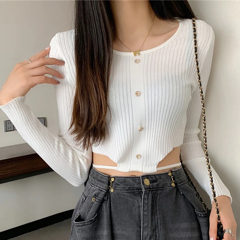 

Women's Knitting Tops Asymmetrical Lace-up Solid Basic T Shirts Female Long Sleeve O Neck Ribbed Slim Short T-Shirt Tees Femme