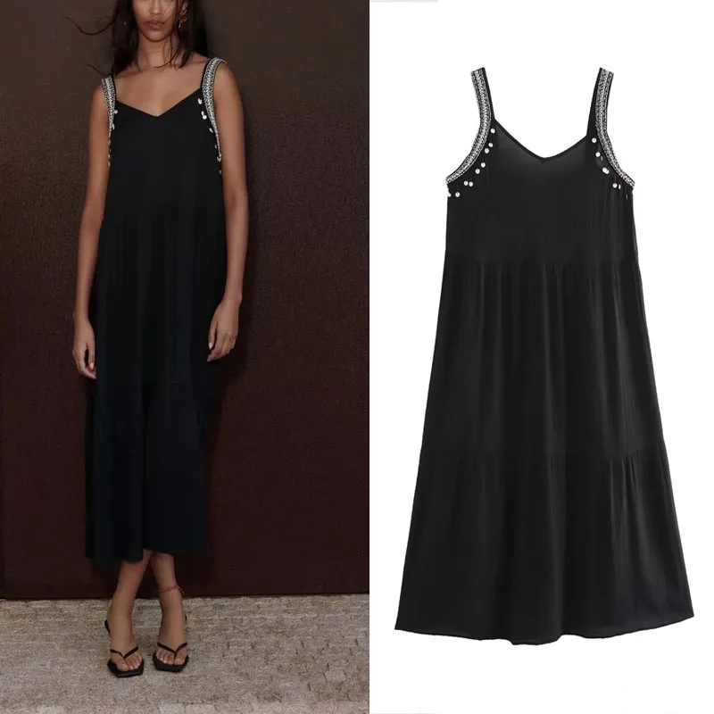 

TRAF Black Elegant Party Dresses For Women 2023 Fashion V-Neck Wide Straps Female Dress Summer Pretty Fringe Beaded Long Dress