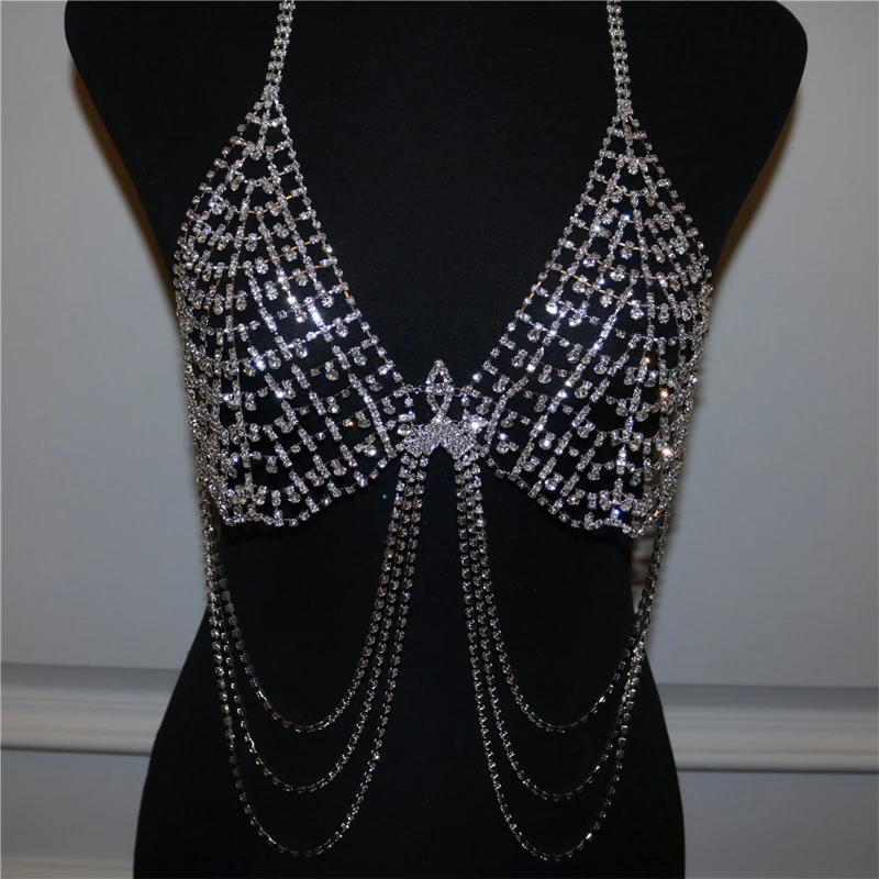 

Женский металлический бриллиантовый комплект в стиле бохо, многослойный бюстгальтер с кисточками и хрустальные стринги, ожерелье для танц...