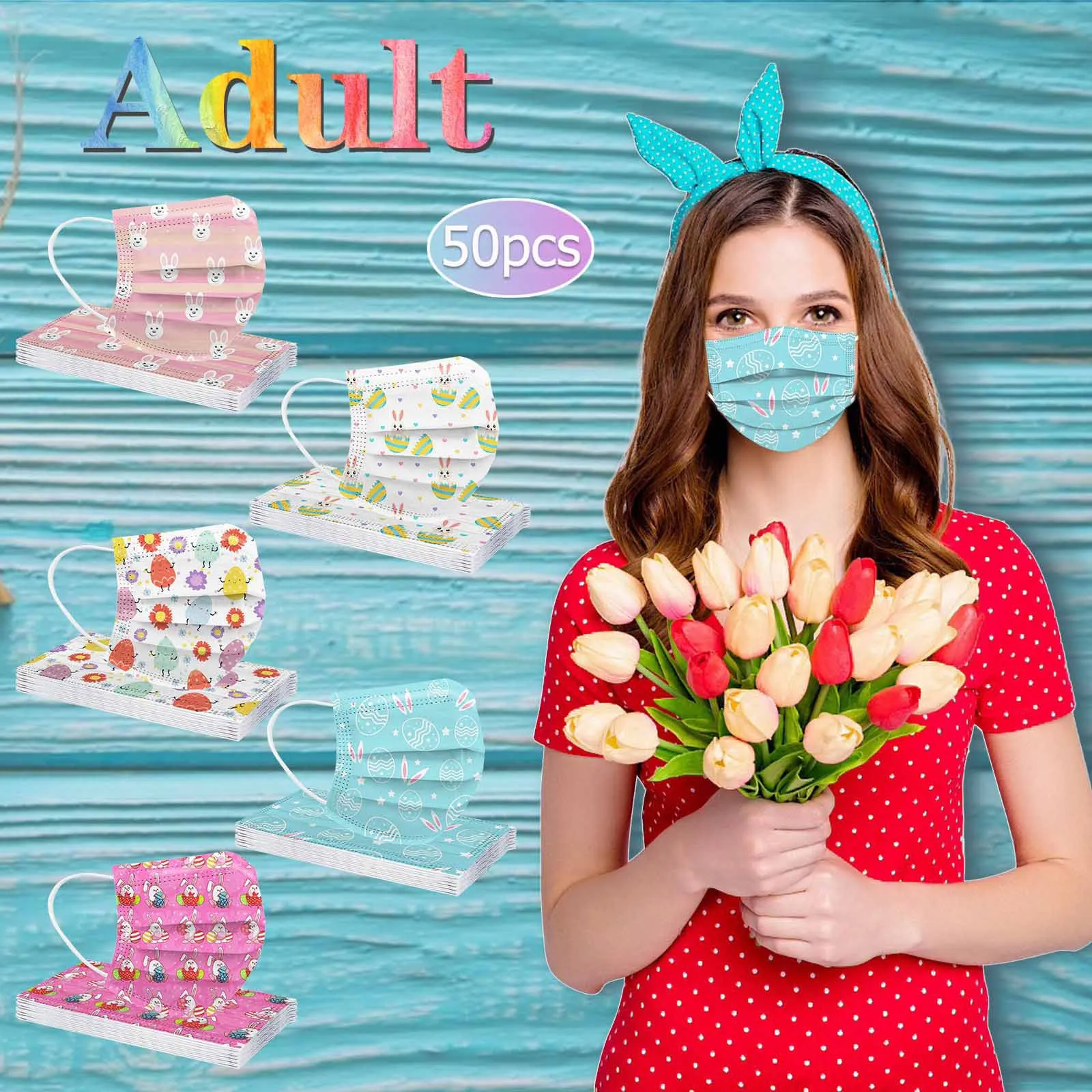 

50PCS Easter Print Adult Mouth Cover Breathable Disposable Non Woven Unisex Mask Ultrathin Cartoon Print Men Women Masque Masca