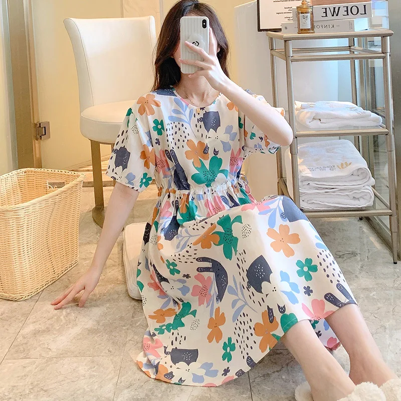 2023Summer Short Sleeved Pajamas Women's Thin Cotton Silk Pajamas Home Wear Waist drawstring Fresh Oversized Cotton Silk Dresse