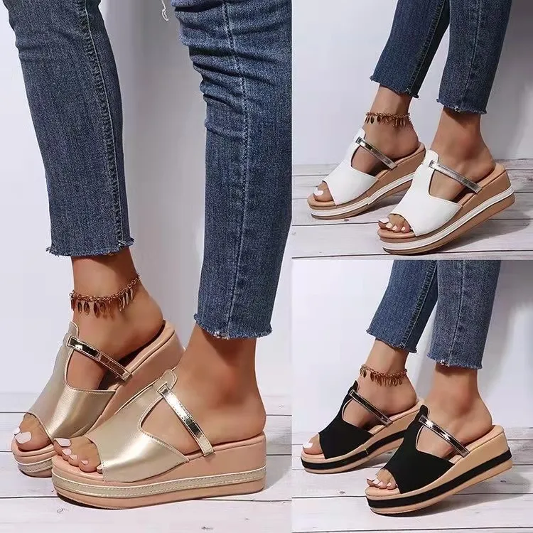 

Low House Slippers Platform Summer Women's Shoes Big Size Slides On A Wedge Pantofle 2022 Fabric Rome PU Hoof Heels Rubber