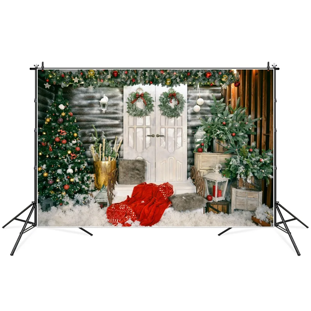 

Christmas Tree Wooden House Porch Snow Photography Backgrounds Custom Pillow Garland Baby Party Decoration Photo Booth Backdrops