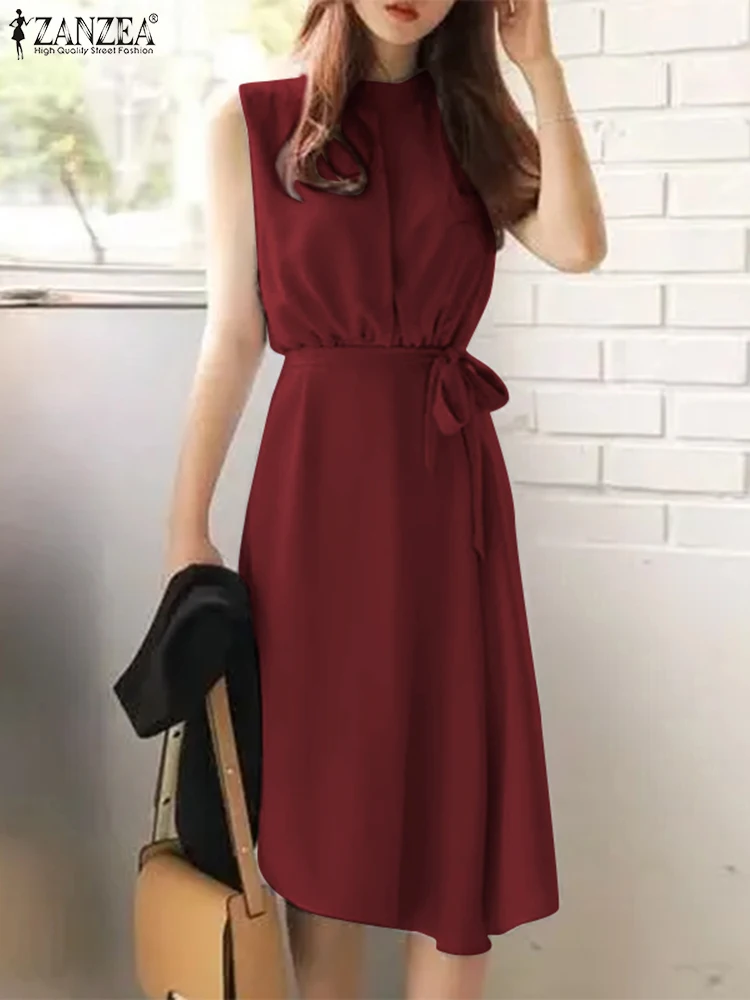 

ZANZEA Summer Women Solid Dress Femme Stylish Casual Work Oversized Dresses Sleeveless Tank O-Neck Back Zipper Belted Sundress