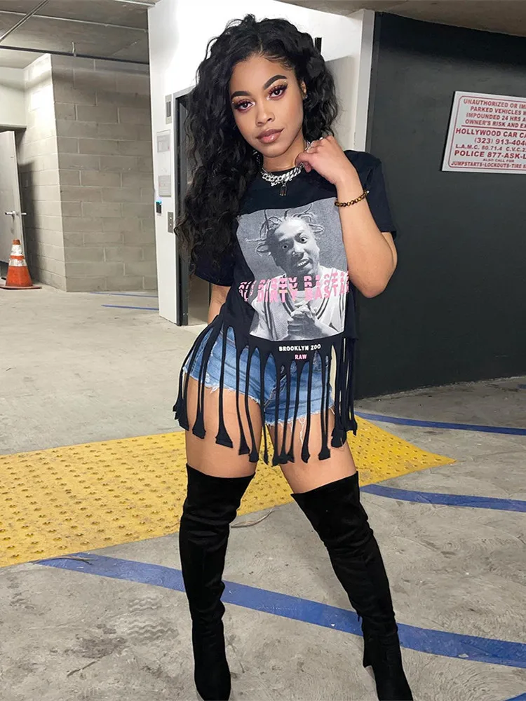 

Balogun Summer Streetwear Graphic T Shirts O Neck Short Sleeve Tassel Tees Tops Women 2022 Black Top Print Fashion Tops Female