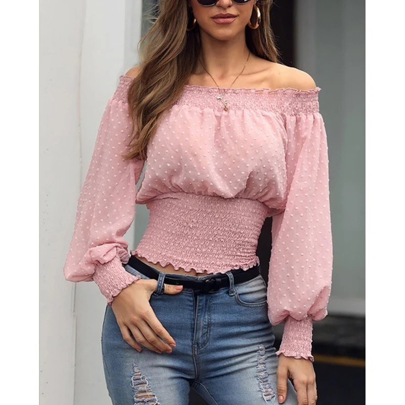 

Elegant Off Shoulder Sexy Shirt Women 2023 Fashion Chiffon Blouse Women Solid Elegant Crop Tops Long Sleeve Women Clothes 24850