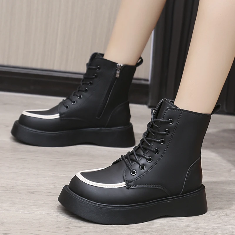 

Mix Color Platform Combat Boots Women Black PU Leather Lace Up Ankle Boots Woman 2023 Autumn Thick Bottom Motorcycle Botas Mujer