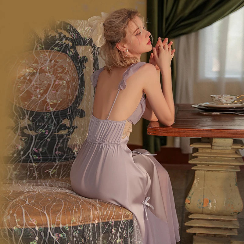 Female Nightgown Elegant Palace Style Lovely Fairy Long Nightgown Sleepwear Can Be Worn Outside Sleepshirt Satin Silk Home Dress