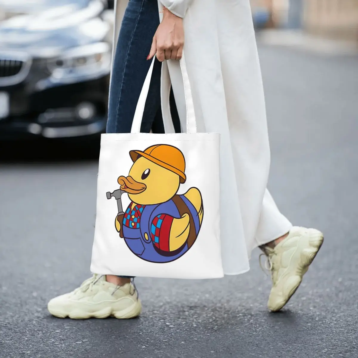 

Construction Worker Rubber Duckie Women Canvas Handbag Large Capacity Shopper Bag Cute Cartoon Tote Bag withSmall Shoulder Bag