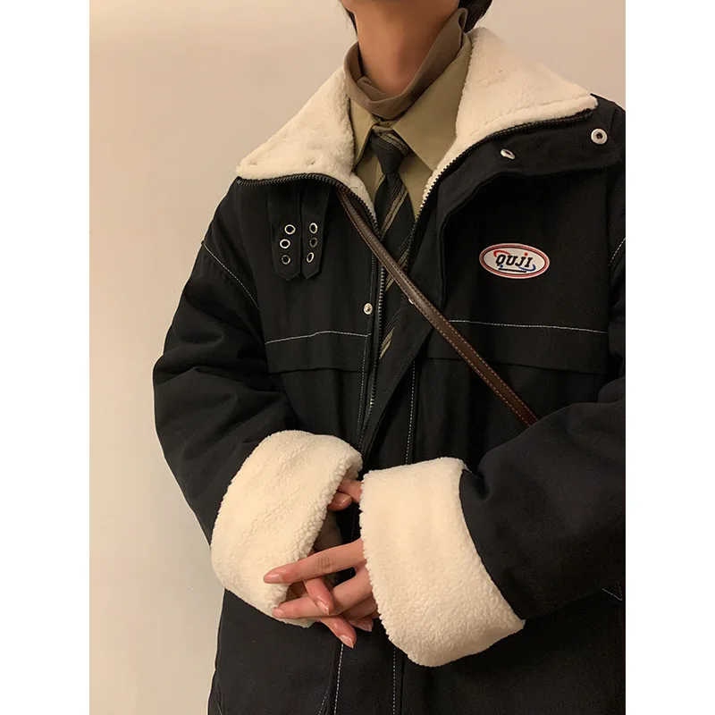 Japanese Fashion Men's Vintage Military Jacket Cotton Padded Jacket for Men Winter Thickened Cotton Parkas Lamb Wool Casual Coat