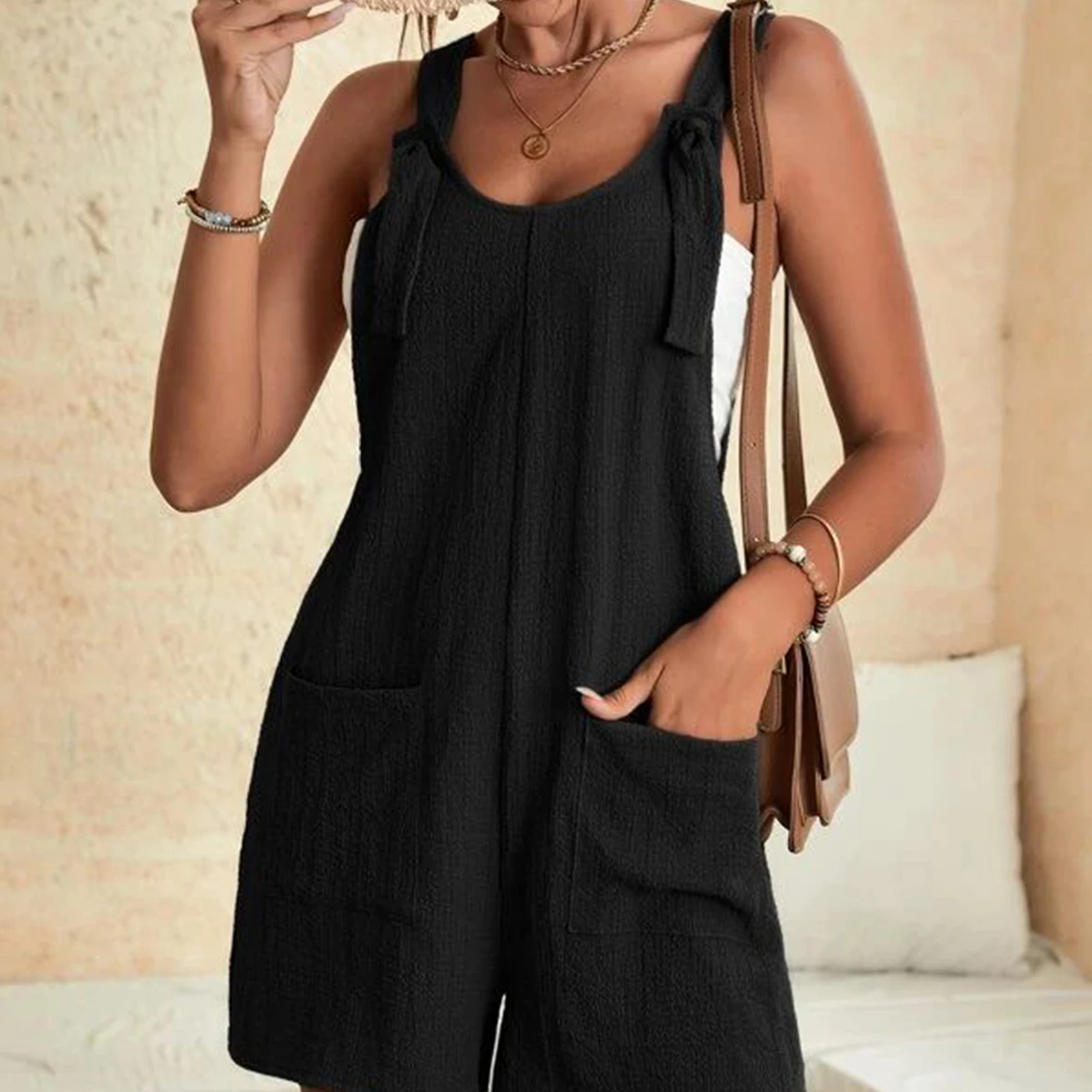 

Женские модные комбинезоны, однотонные брюки на бретелях, шорты с широкими штанинами без рукавов, свободная уличная одежда, комбинезон