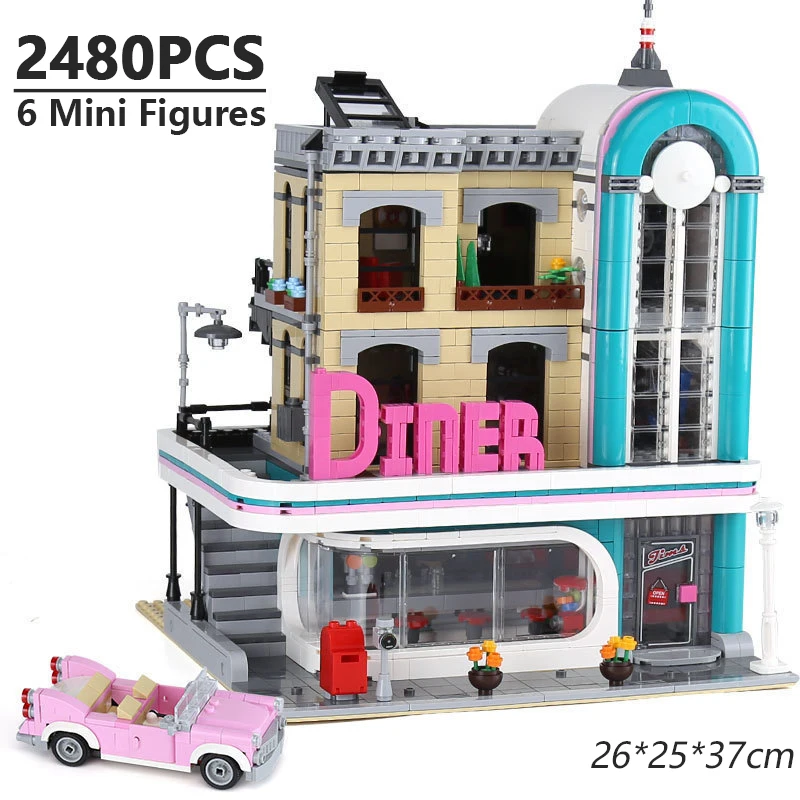 

2488Pcs Downtown Diner Building Blocks with 6 Mini Figures Compatible 10260 15037 Model Bricks for Kids Adult Toys Gifts