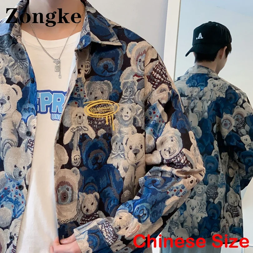 

Zongke Cartoon Bear Casual Shirts For Men Clothes Chinese Size 2XL Korean Fashion Mens Shirt Long Sleeve 2022 New Arrivals