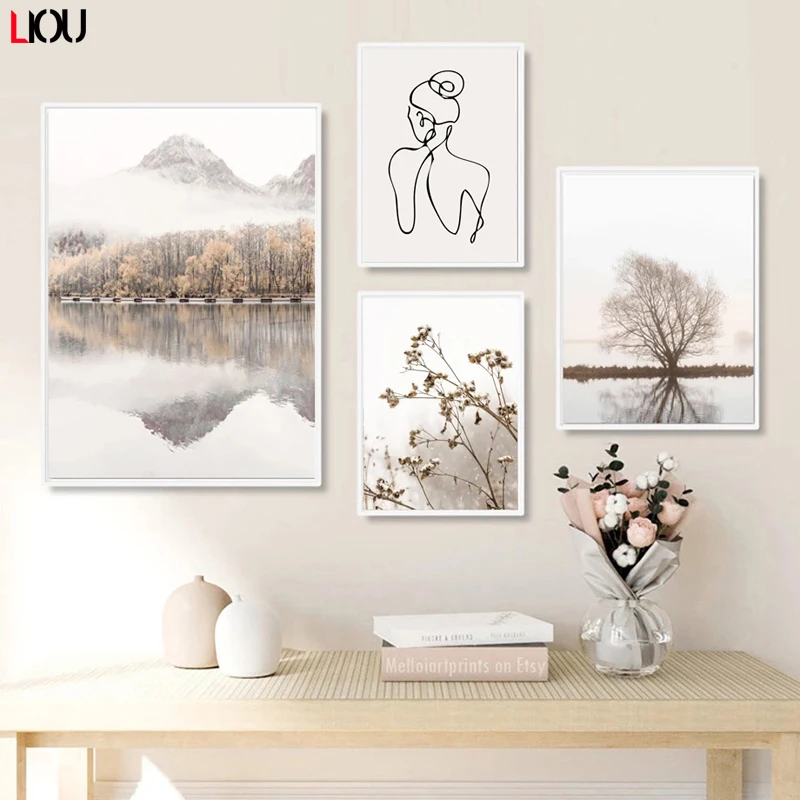 Настенная Картина на холсте с изображением гор леса озера тростника абстрактная