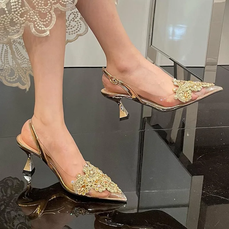 

Rhinestones Women High Heels Sandals Pointed Toe Female Casual Outdoor Shallow Crystal Wedding Party Ladies Pumps Shoes