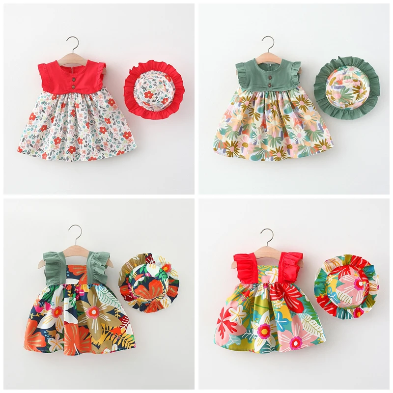 

Newborn Baby Summer Clothes Korean Fashion Sleeveless Cotton Red Princess Dress+Sunhat Little Girls Clothing Set DS29