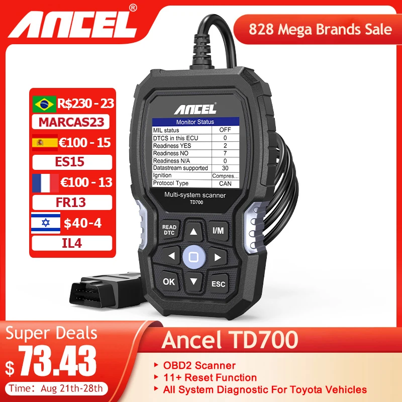 Автомобильный сканер ANCEL TD700 OBD2 для Toyota TPMS ABS EPB SAS DPF BMS, система сброса масла, регистрация батареи, инструменты для диагностики автомобиля