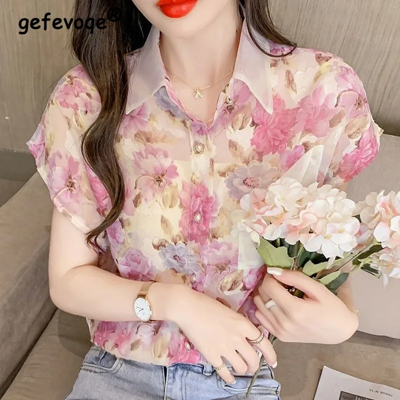 Women's Fashion Floral Printed Button Up Chiffon Shirt Summer 2022 Chic Fairy Short Sleeve Loose Ladies Tops Casual Sweet Blouse