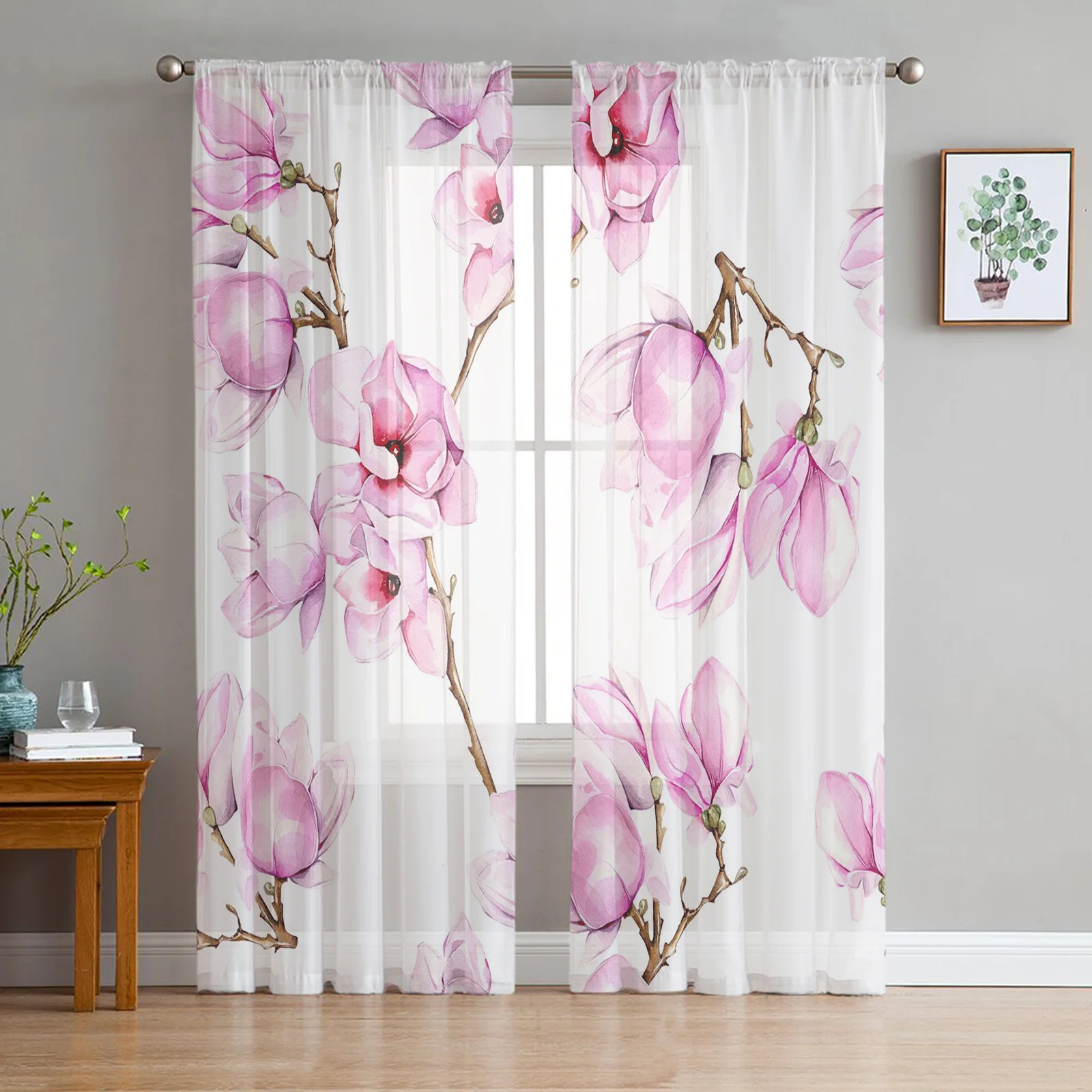 

Magnolia Flower Branch Plant Tulle Curtain for Living Room Balcony Decor Sheer Curtain for Kitchen Bedroom Fashion Home Decor