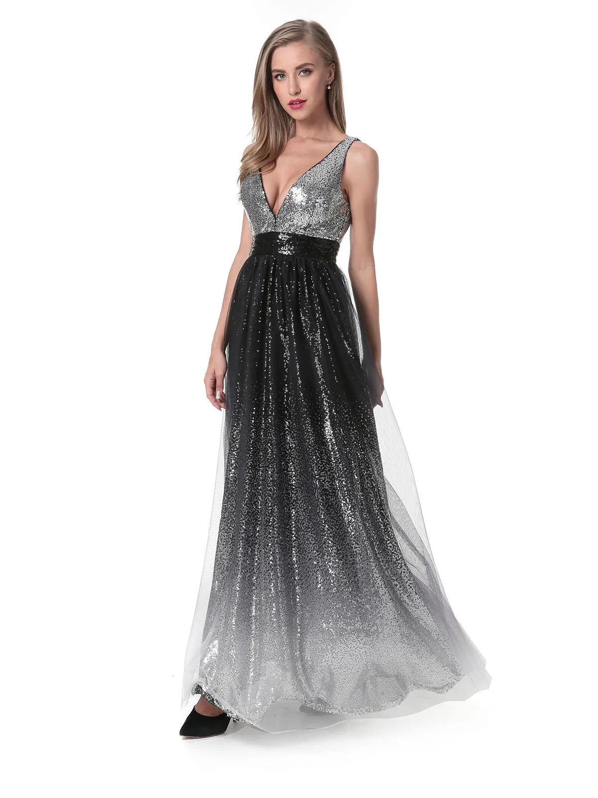 Женское длинное вечернее платье макси с блестками и V-образным вырезом