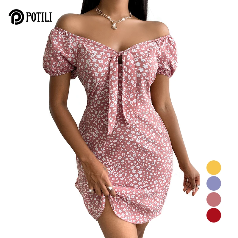 

POTILI Summer Women Dress Popular Floral Printed Lady Elegant Lace-up Backless A-Line Dress Fashion Short Sleeve Mini Dresses