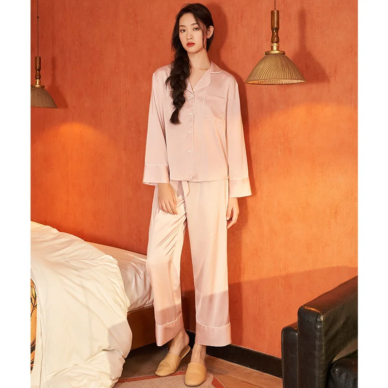 High Quality Silk Satin Pajamas Womens Pyjamas Set Long Sleeve Sleepwear Homewear Pajamas Suit Female Two Piece Set Loungewear