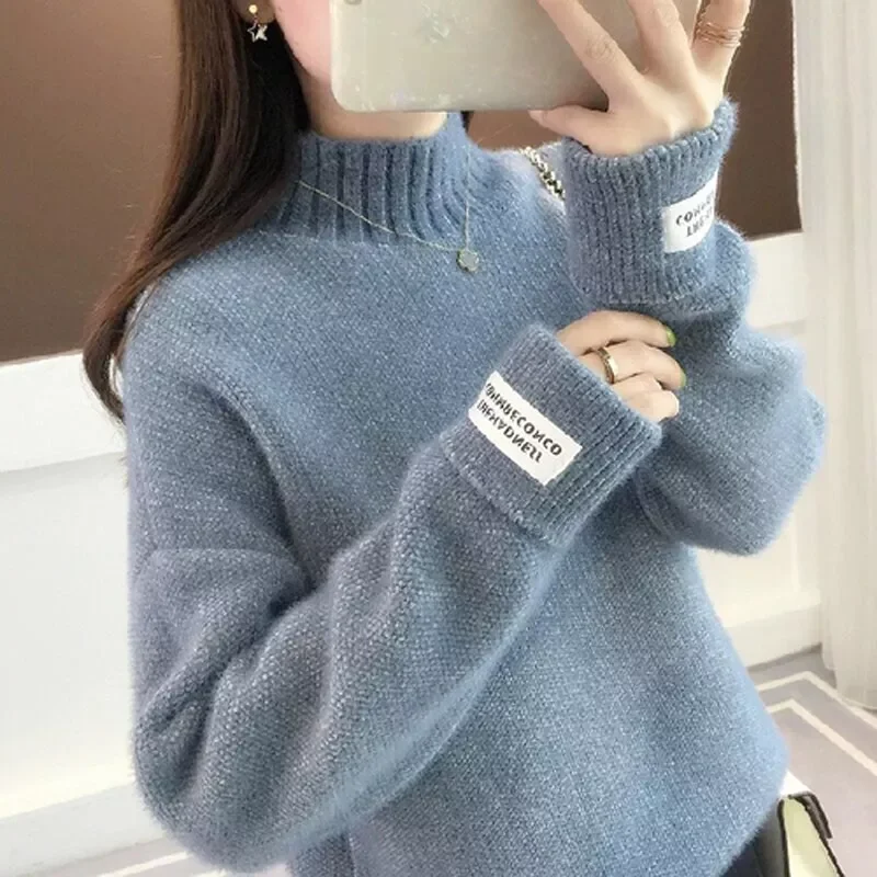 

NEW 2023 Women Half Turtleneck Sweater Autumn Loose Wool Pullover Knitted Jumper Long Sleeve Letter Top Casual Warm Ladies Blous