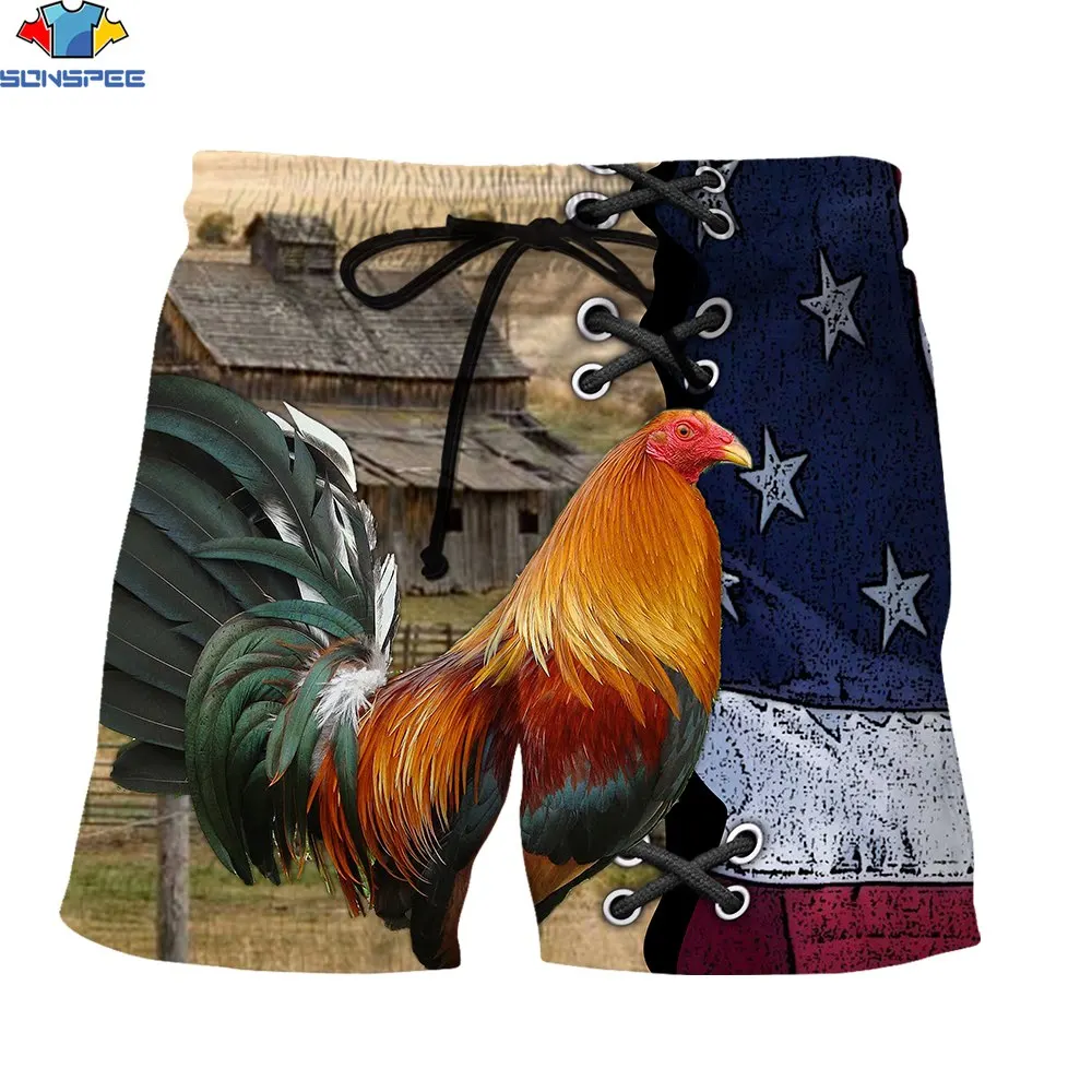

SONSPEE 3D Print Men's Beach Shorts French Ethnic Gallic Rooster Farmhouse Farm Summer Street Casual Loose Trend Hot Short Pants