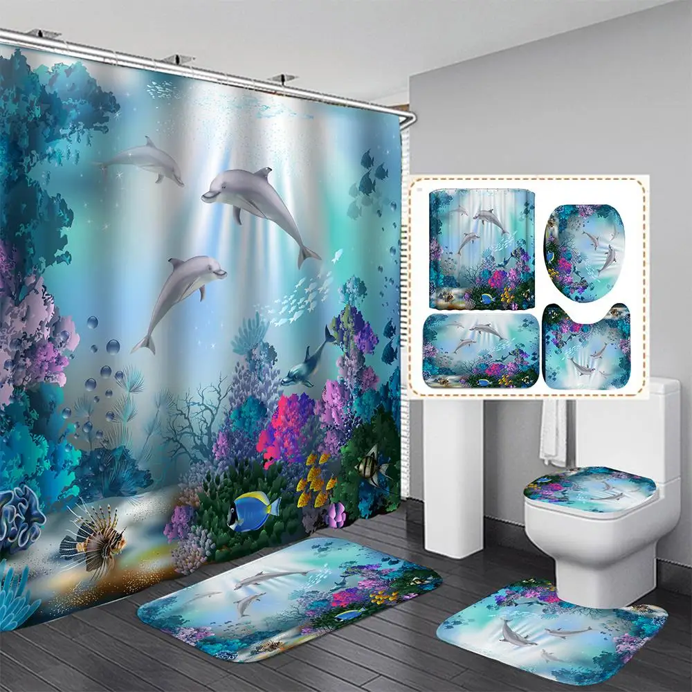 

Ocean Design Dolphin Toilet Seat Waterproof Shower Curtain Set Toilet Cover Non-Slip Comfortable Bathroom Mat Bath Decoration