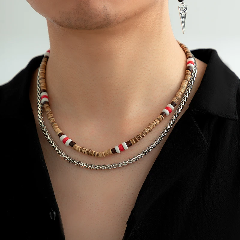 

Ingemark Classic Wooden Beads Chain Necklace African Surfer Men Vintage Silver Color Metal Choker Grunge Neck Jewelry Steampunk