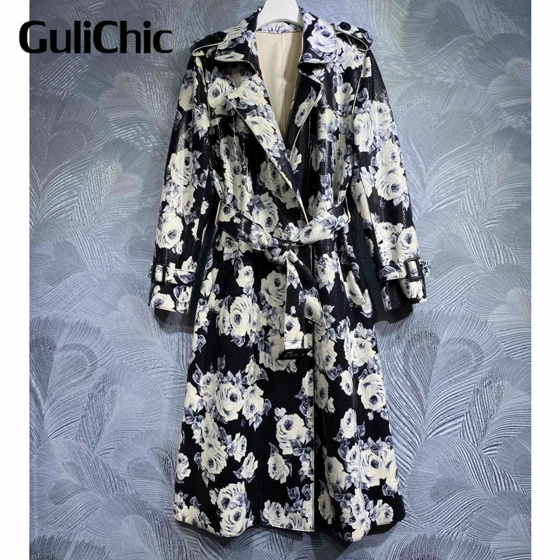 

Женский плащ из искусственной кожи с цветочным принтом, отложным воротником и поясом