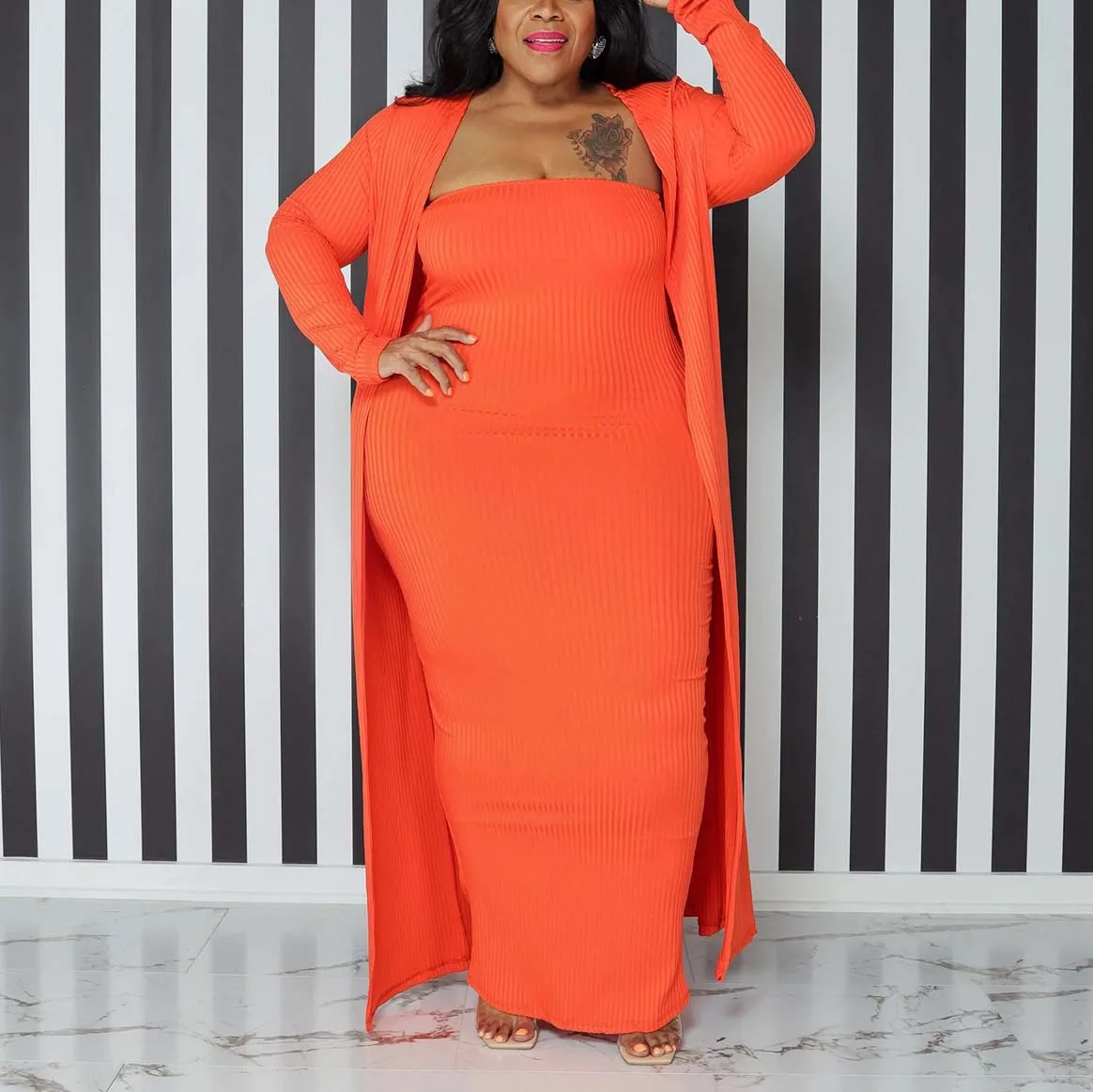 Plus Size Two Pieces Sets Outwears & Long Dress Bodycon Strapless High Waisted Ankle Length Elegant Evening Party Long Cloth Set