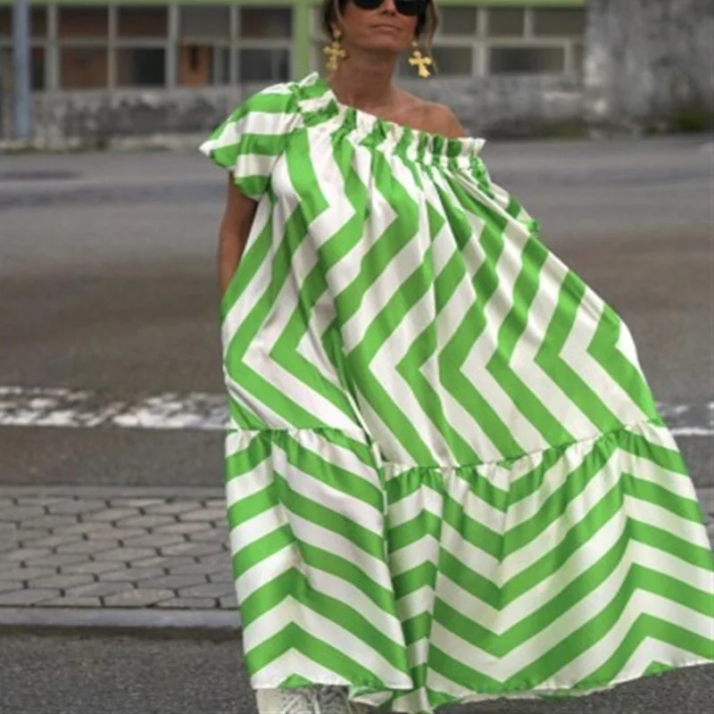 

Женское повседневное свободное пляжное платье, модное Макси-платье в полоску с коротким рукавом и принтом в стиле бохо, женское сексуальное длинное платье с оборками и открытыми плечами