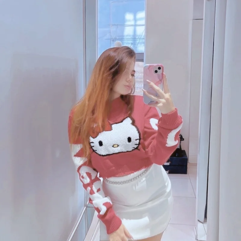 

Sanrio Anime Cartoons Kawaii Hello Kitty Navel Exposed Rough Selvedge Autumn Sweater Sweet and Cute Girly Heart Fall Sweater