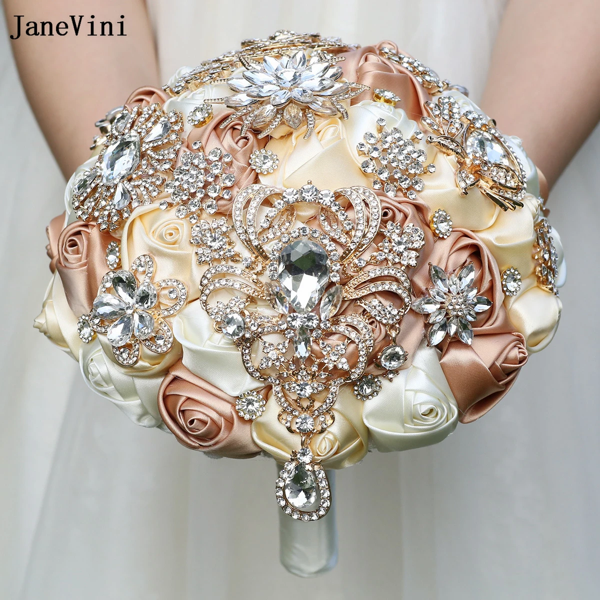 JaneVini Роскошные цветы абрикоса цвета хаки Свадебные букеты блестящие золотые