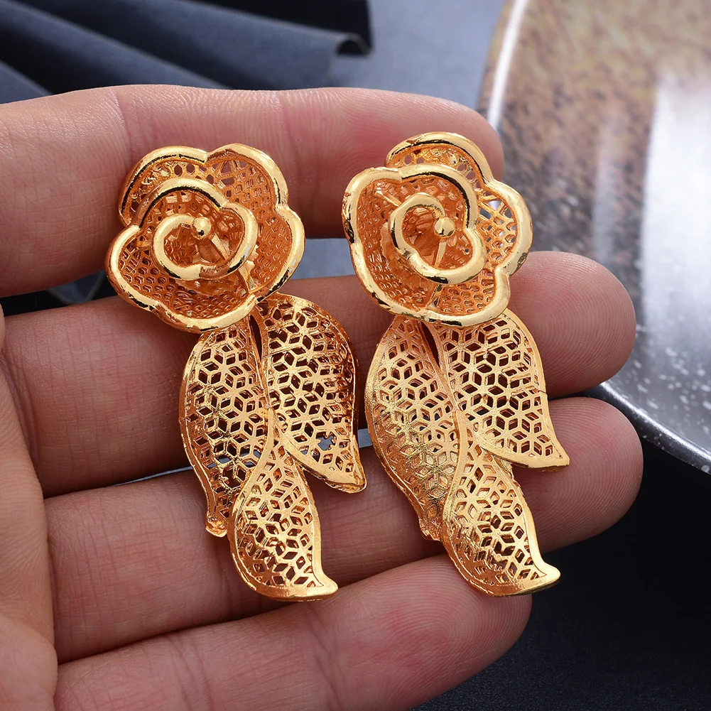 

Ethiopia 24k Gold Color Rose Earrings Dubai Earrings For Women African Party Israel Wedding Gifts Earrings Gift
