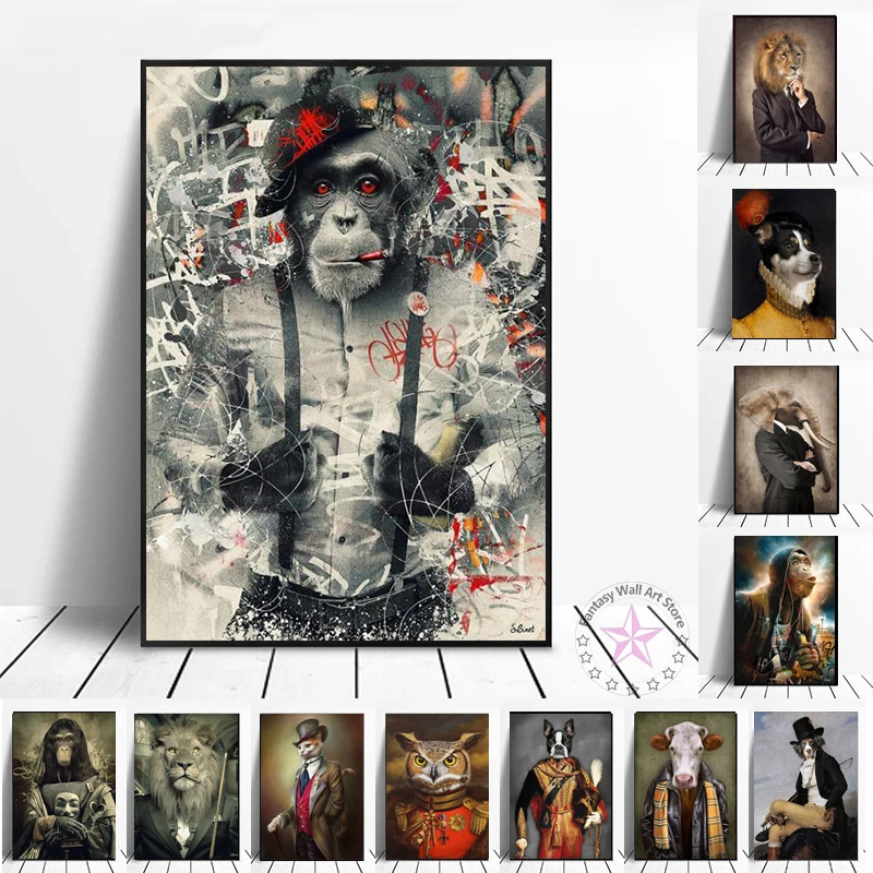 

Animals In Cloth Abstract Poster Lion Monkey Wear A Suit Wolf Elephant Canvas Painting Print Wall Art Picture Room Home Decor