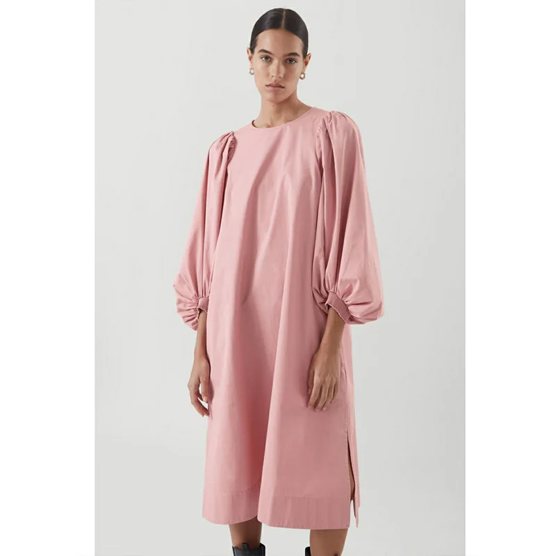 

Pink Color Cotton Fabric Women Loose Long Dress Puff Sleeves Elegant Minimalism Style Lady Casual Dresses Vestidos