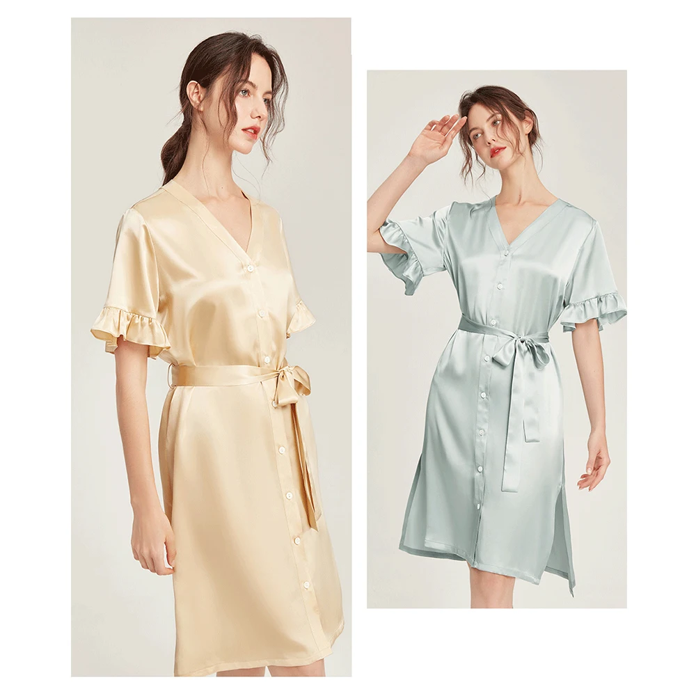 LiliRoms Noble White 22 Momme 100% Silk Tied Dress Nightgown Robe Mid Sleeve Button Ribbon Sleepwear Elegant Clothing For Gift