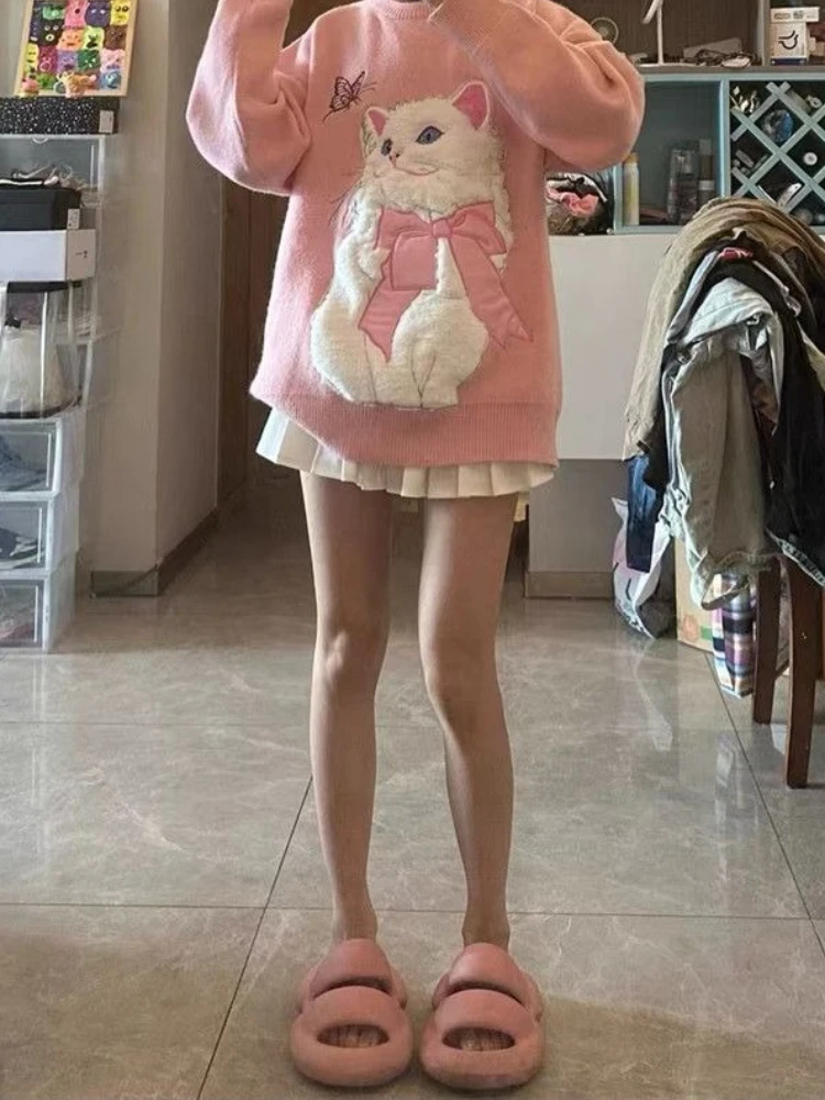 Японские милые дизайнерские женские свитера Kawaii с котом модные Универсальные